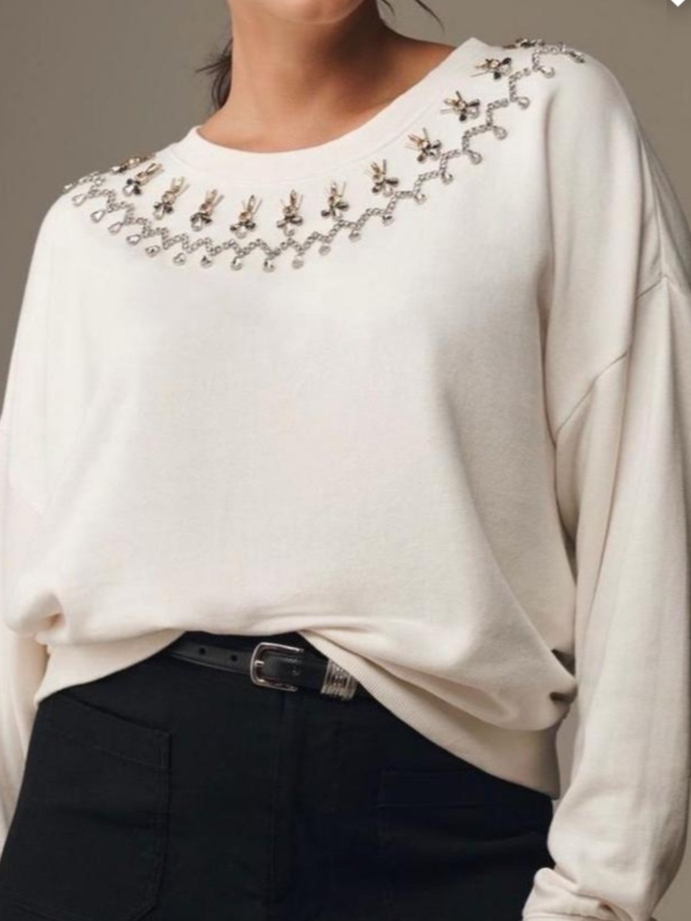 Maeve Cream Sweatshirt with Crystal and Gold-Tone Embellishment